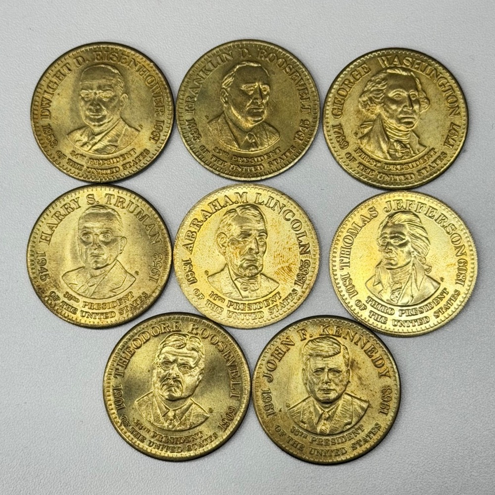 1992 Shell Presidential Coin Game Complete 8pc Brass Token Set Washington JFK